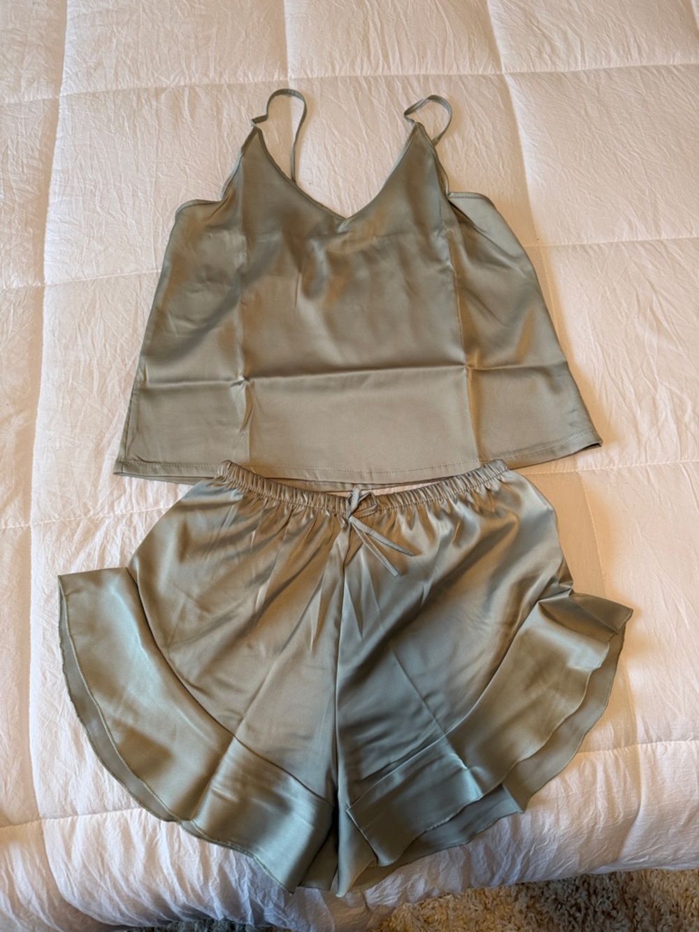 Silky V-Neck Cami & Ruffle Shorts Set - Sage Green